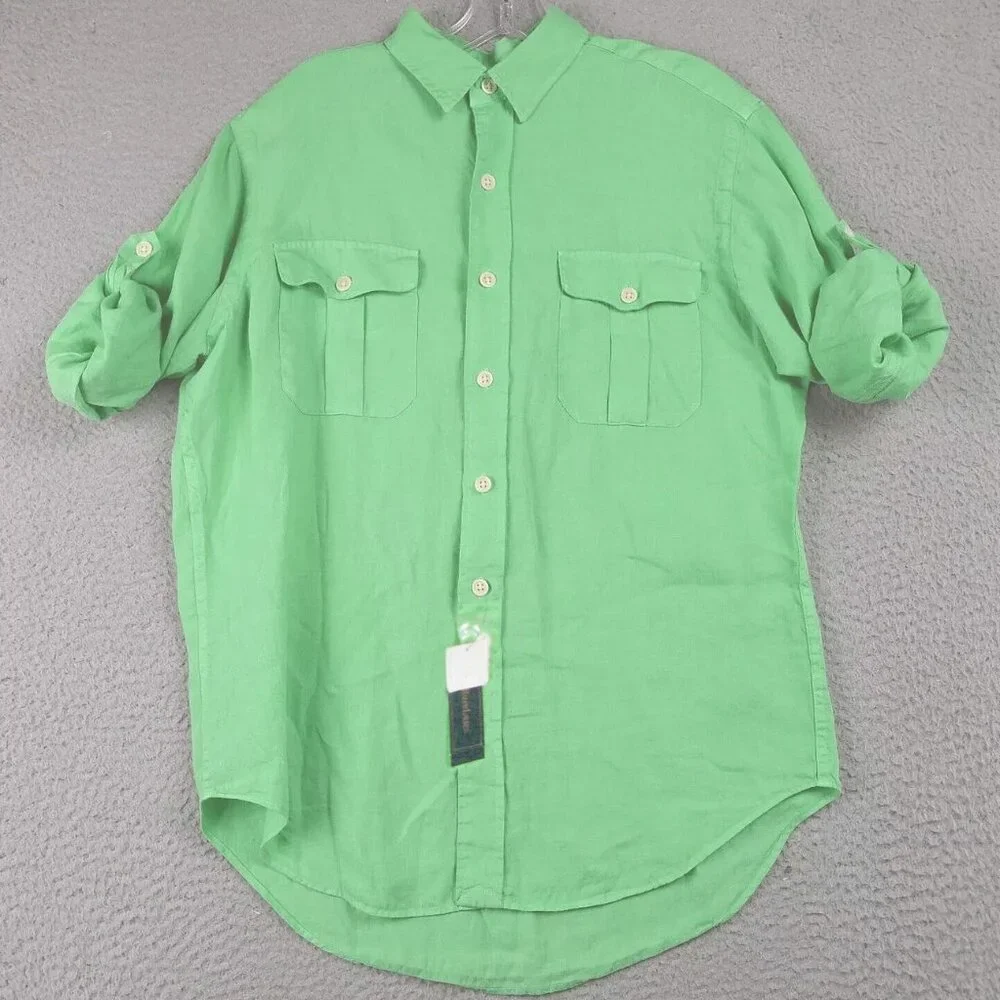 NEW $145 Polo Ralph Lauren Colorful Linen Shirt! Green Long Sleeve Runs Large